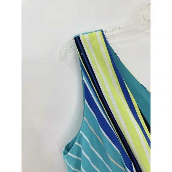 Dressbarn Tank Dress Womens Blue Green Lined Striped V Neck Dress Size 10 - Picture 7 of 10